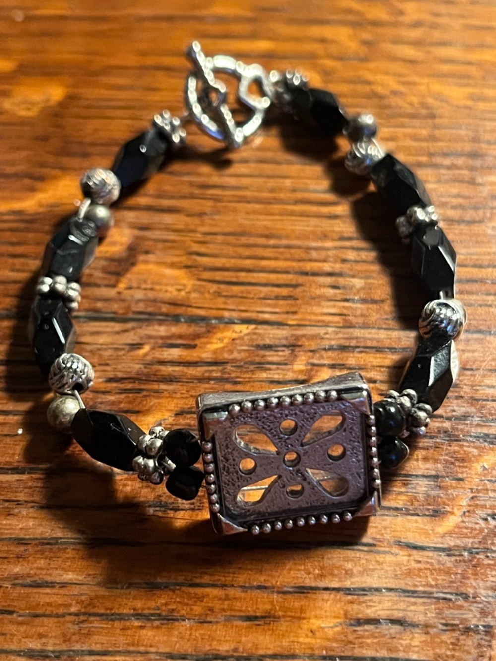 Faceted Black Bead Bracelet with Silver Accent Focal